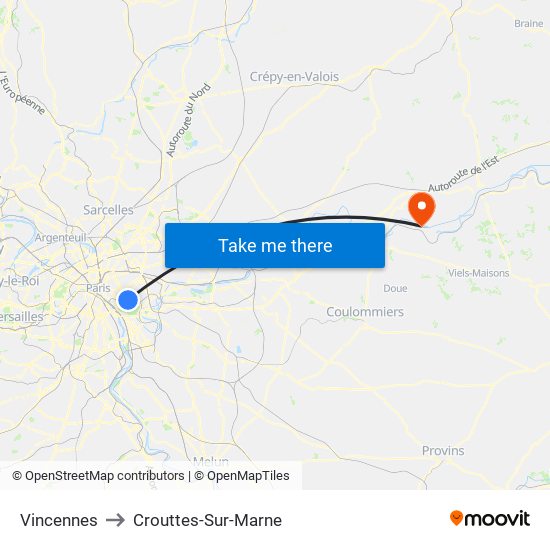Vincennes to Crouttes-Sur-Marne map