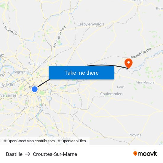 Bastille to Crouttes-Sur-Marne map