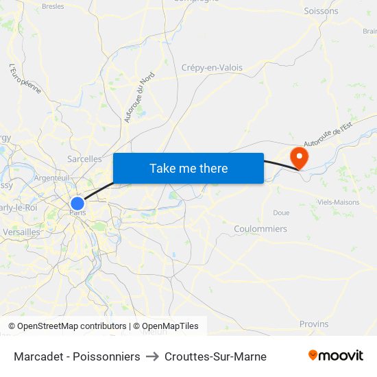 Marcadet - Poissonniers to Crouttes-Sur-Marne map