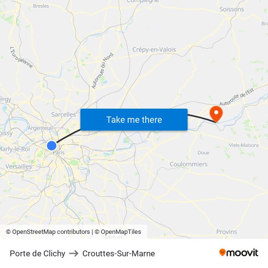 Porte de Clichy to Crouttes-Sur-Marne map