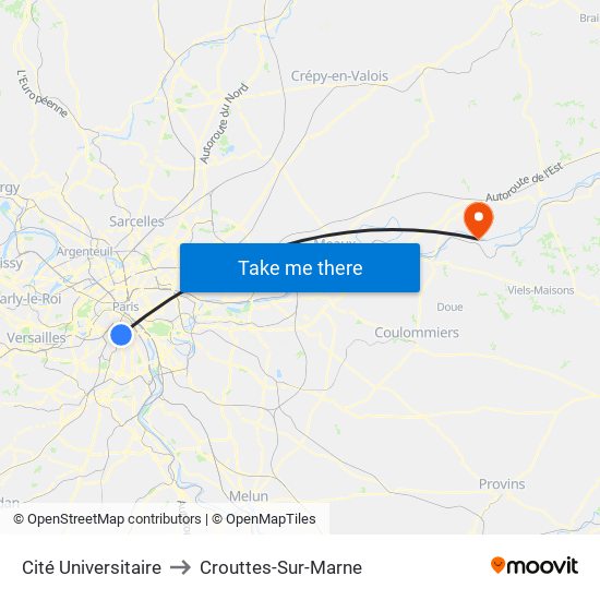 Cité Universitaire to Crouttes-Sur-Marne map