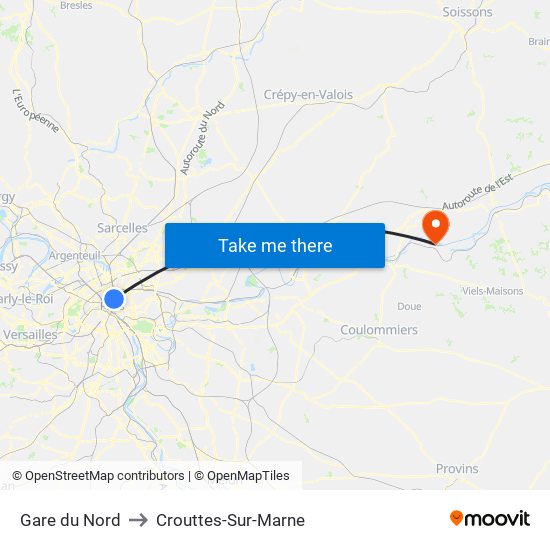 Gare du Nord to Crouttes-Sur-Marne map