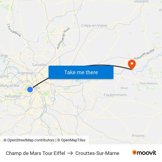 Champ de Mars Tour Eiffel to Crouttes-Sur-Marne map