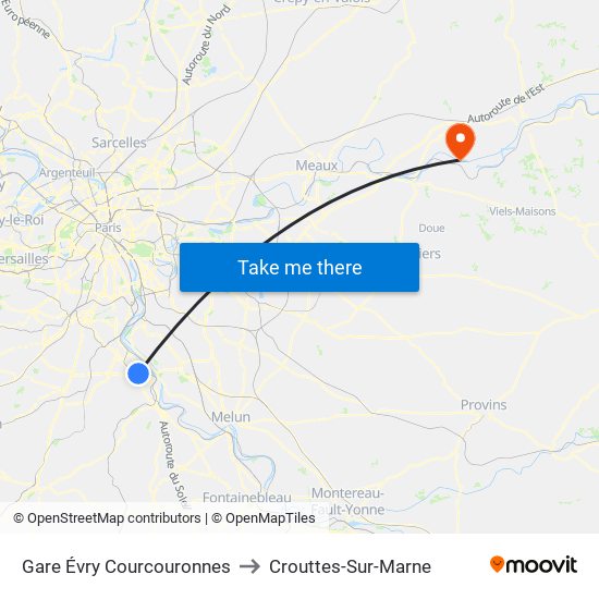 Gare Évry Courcouronnes to Crouttes-Sur-Marne map