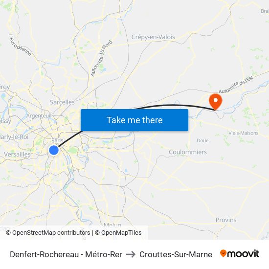 Denfert-Rochereau - Métro-Rer to Crouttes-Sur-Marne map