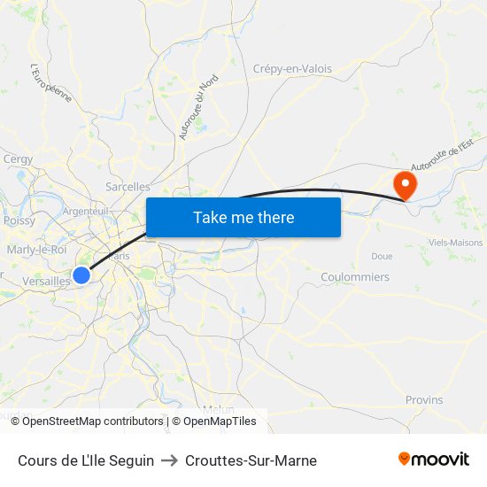Cours de L'Ile Seguin to Crouttes-Sur-Marne map