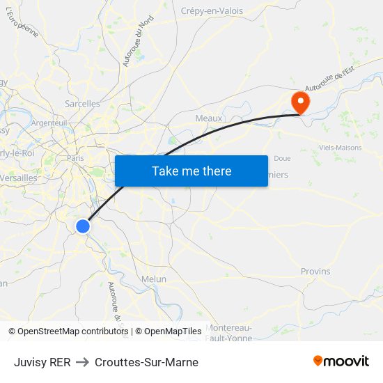 Juvisy RER to Crouttes-Sur-Marne map