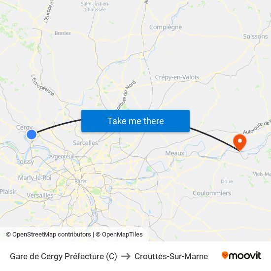 Gare de Cergy Préfecture (C) to Crouttes-Sur-Marne map
