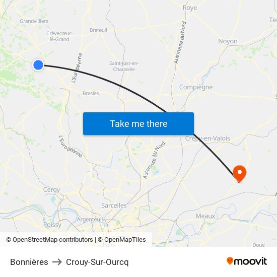 Bonnières to Crouy-Sur-Ourcq map