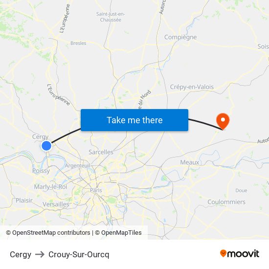 Cergy to Crouy-Sur-Ourcq map