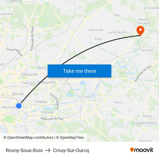 Rosny-Sous-Bois to Crouy-Sur-Ourcq map