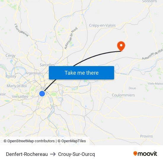Denfert-Rochereau to Crouy-Sur-Ourcq map