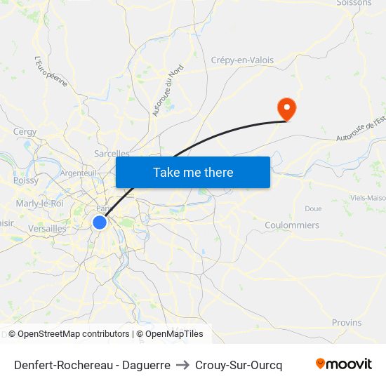 Denfert-Rochereau - Daguerre to Crouy-Sur-Ourcq map