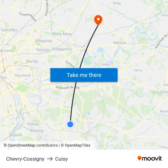 Chevry-Cossigny to Cuisy map