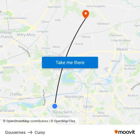 Gouvernes to Cuisy map