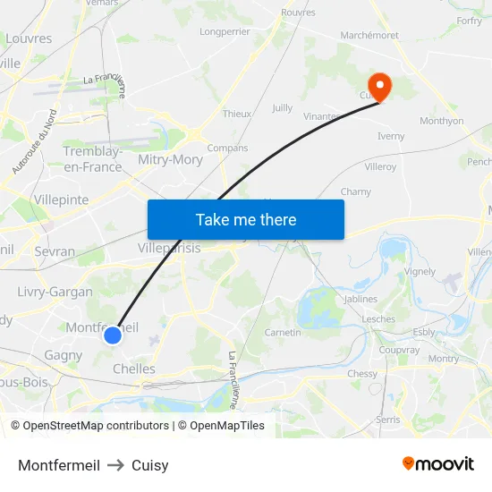 Montfermeil to Cuisy map