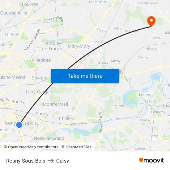 Rosny-Sous-Bois to Cuisy map