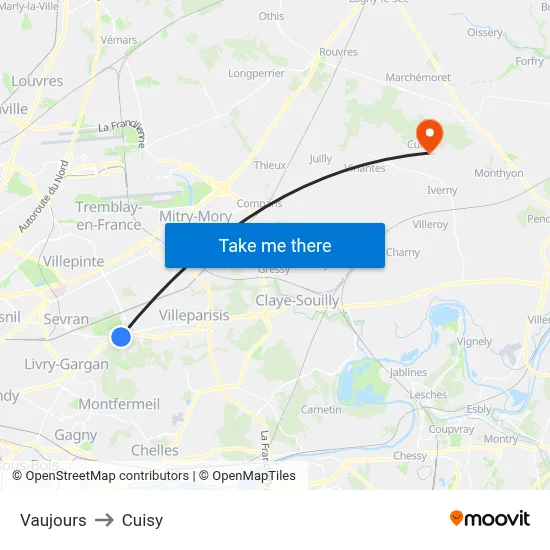 Vaujours to Cuisy map