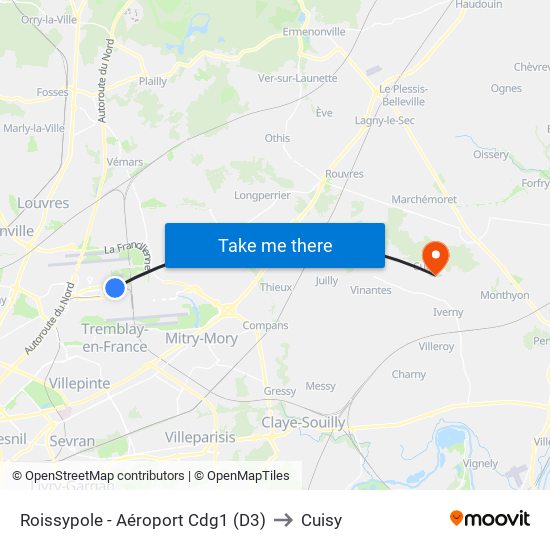 Roissypole - Aéroport Cdg1 (D3) to Cuisy map