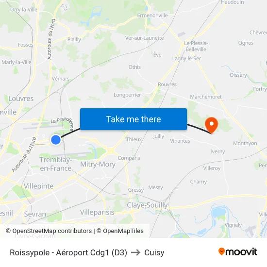 Roissypole - Aéroport Cdg1 (D3) to Cuisy map