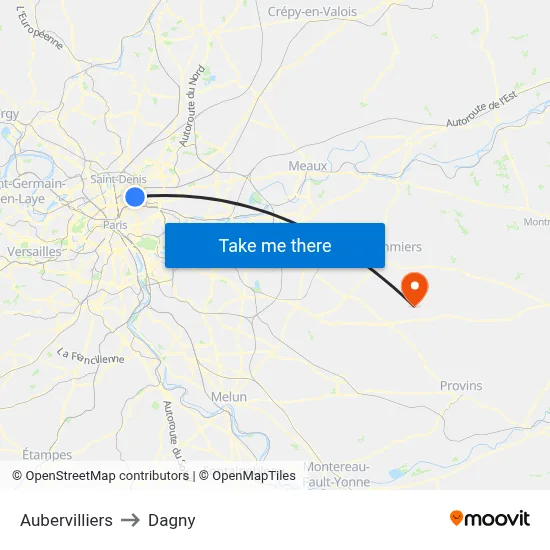 Aubervilliers to Dagny map