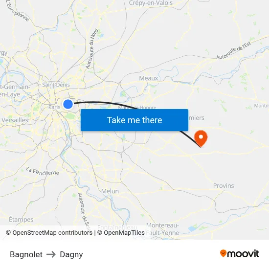 Bagnolet to Dagny map