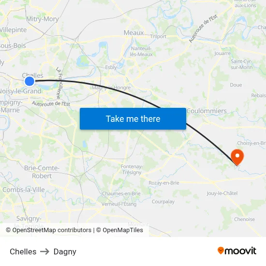 Chelles to Dagny map
