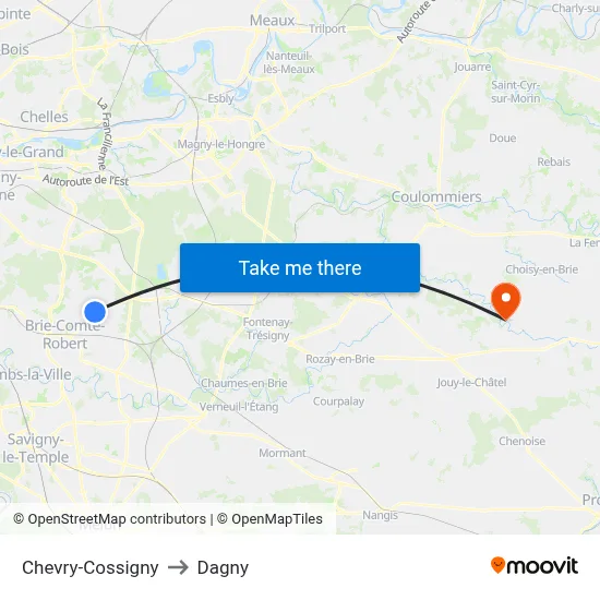 Chevry-Cossigny to Dagny map