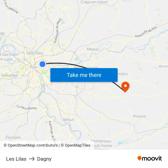 Les Lilas to Dagny map