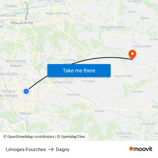 Limoges-Fourches to Dagny map