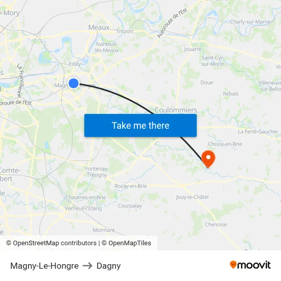 Magny-Le-Hongre to Dagny map