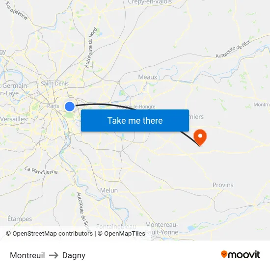 Montreuil to Dagny map