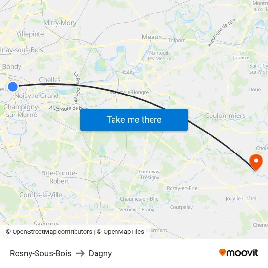 Rosny-Sous-Bois to Dagny map