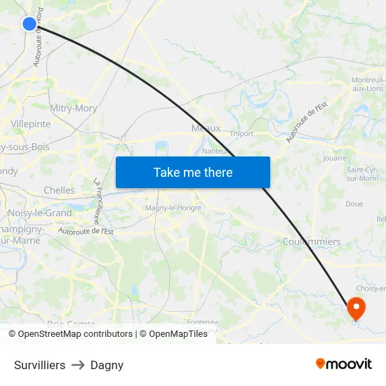 Survilliers to Dagny map