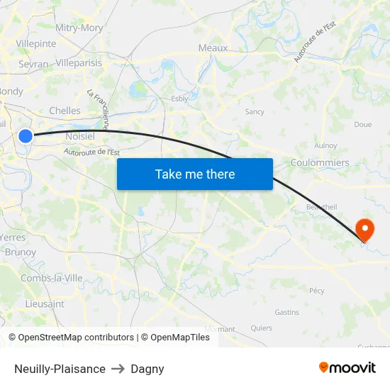 Neuilly-Plaisance to Dagny map