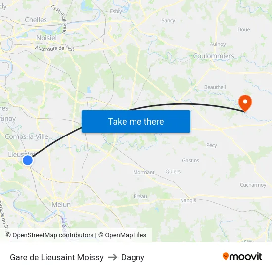 Gare de Lieusaint Moissy to Dagny map