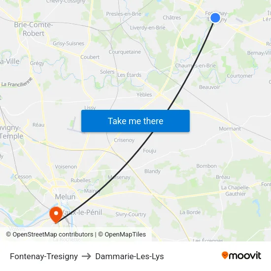 Fontenay-Tresigny to Dammarie-Les-Lys map