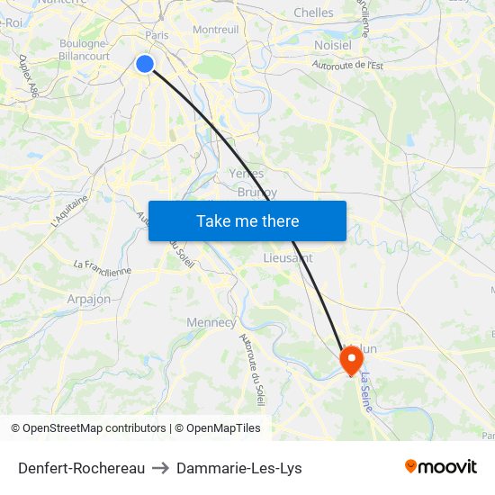 Denfert-Rochereau to Dammarie-Les-Lys map
