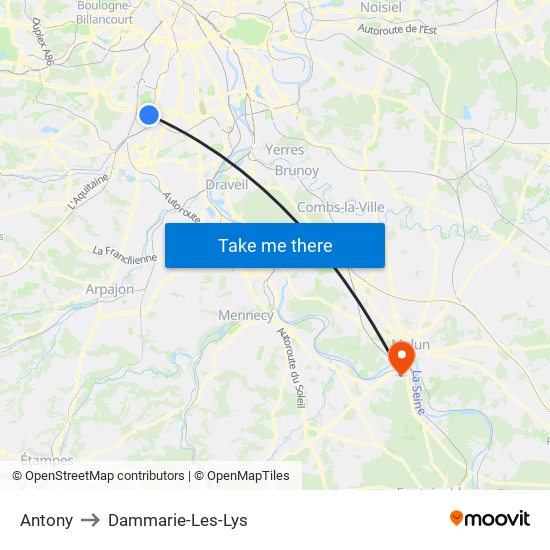 Antony to Dammarie-Les-Lys map