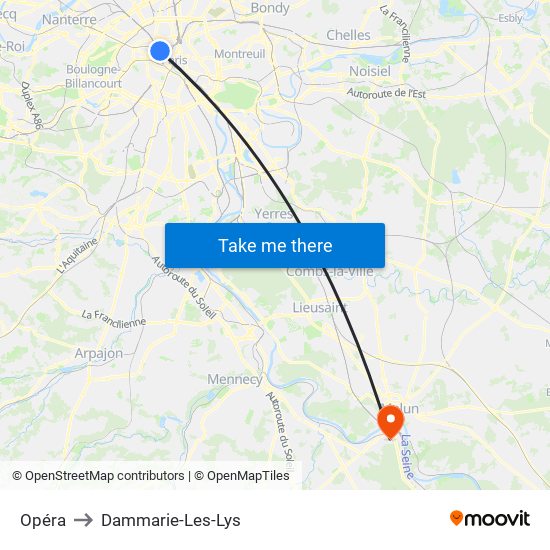 Opéra to Dammarie-Les-Lys map