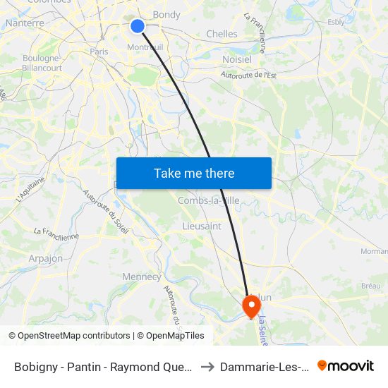 Bobigny - Pantin - Raymond Queneau to Dammarie-Les-Lys map