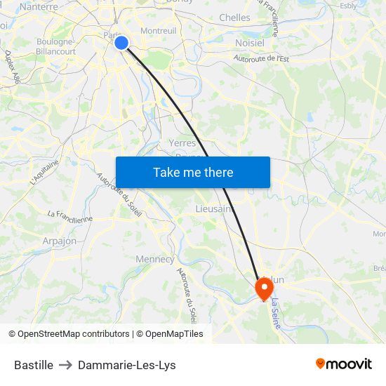 Bastille to Dammarie-Les-Lys map