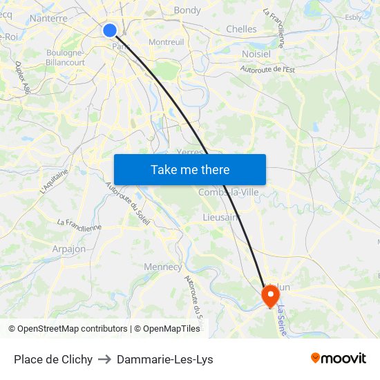 Place de Clichy to Dammarie-Les-Lys map