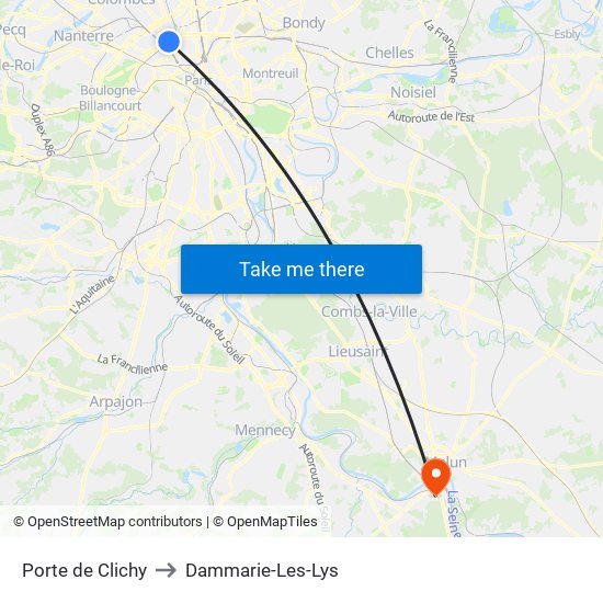 Porte de Clichy to Dammarie-Les-Lys map