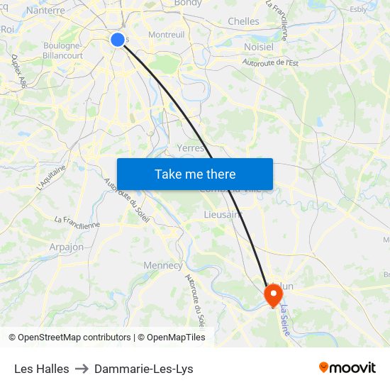 Les Halles to Dammarie-Les-Lys map