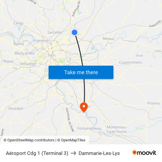 Aéroport Cdg 1 (Terminal 3) to Dammarie-Les-Lys map