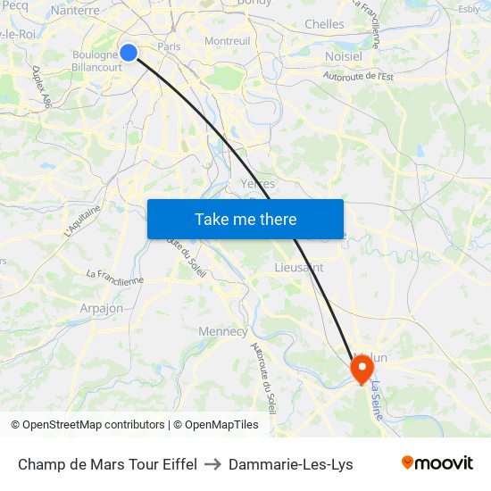 Champ de Mars Tour Eiffel to Dammarie-Les-Lys map