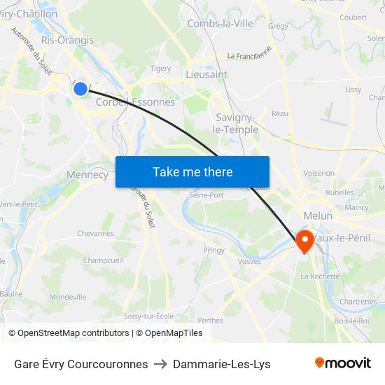 Gare Évry Courcouronnes to Dammarie-Les-Lys map