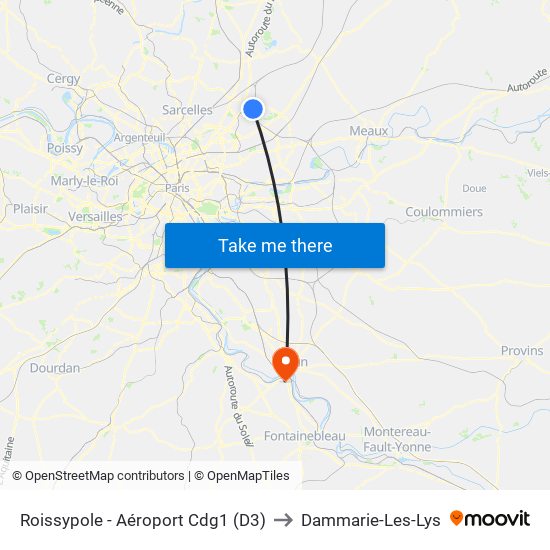 Roissypole - Aéroport Cdg1 (D3) to Dammarie-Les-Lys map