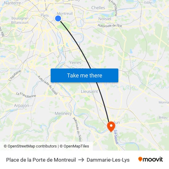 Place de la Porte de Montreuil to Dammarie-Les-Lys map